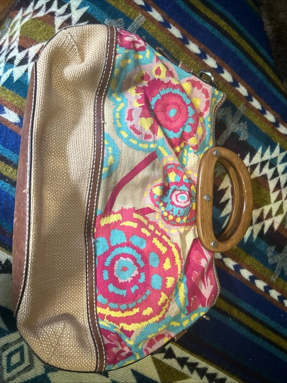 Fossil Wooden Handle Floral Canvas & Leather Trim Woven Crossbody Bag Satchel